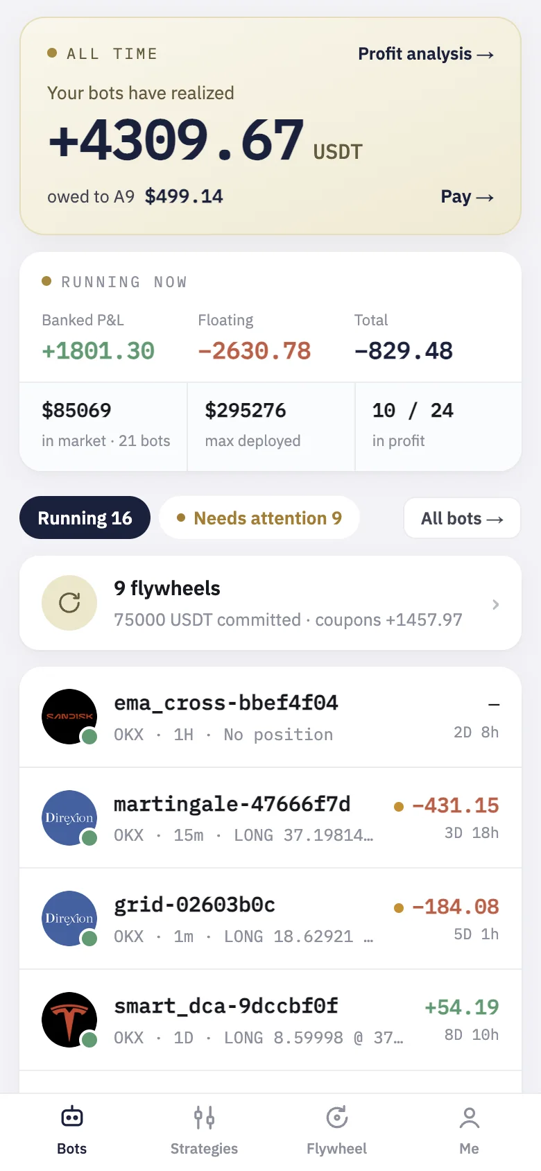 The top of the Bots page: All time, and the bots running now.