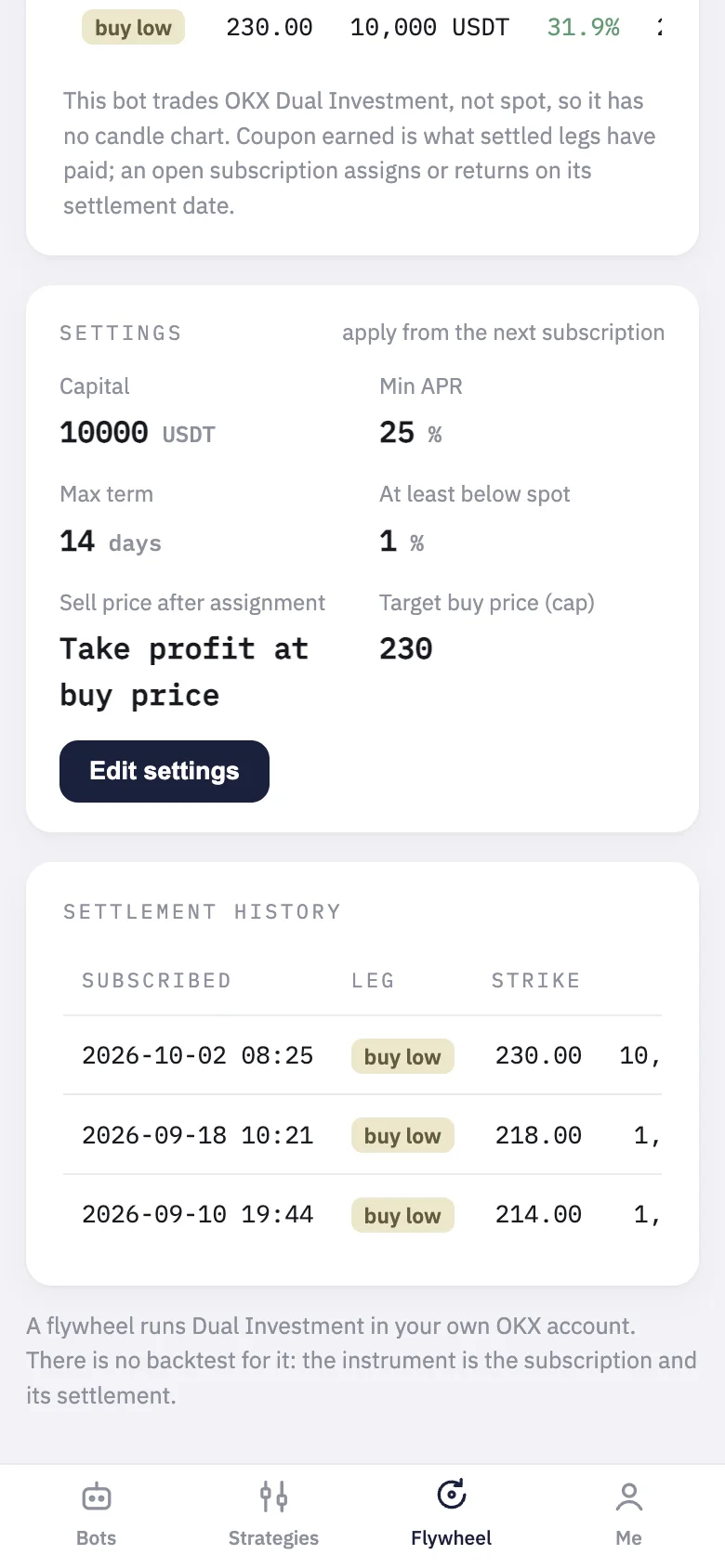 A wheel's page: its settings as they are, with "Edit settings" to change them.