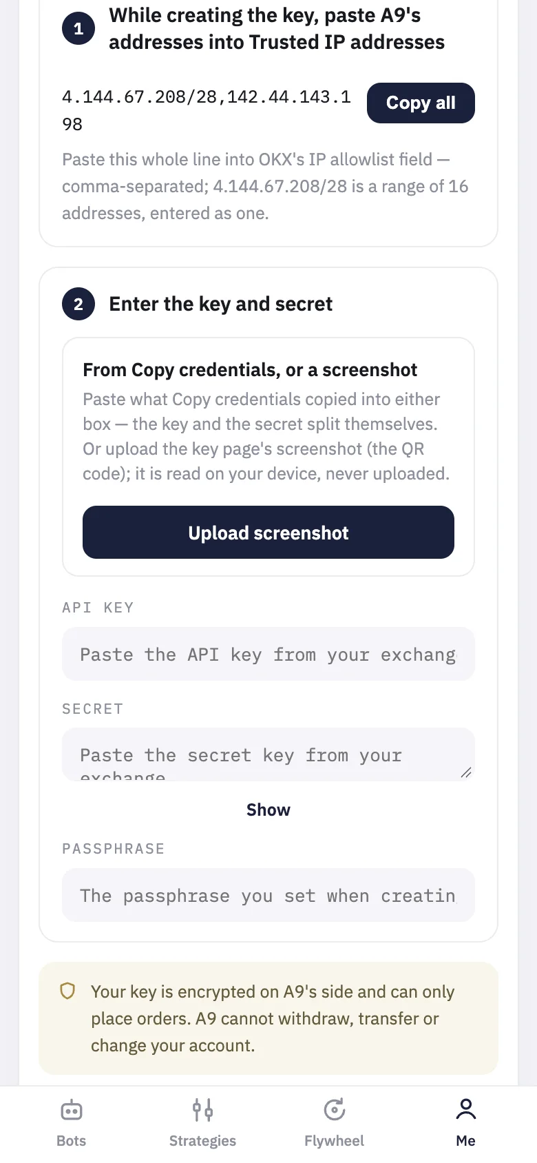 The keys page gives you A9's addresses as one line, with "Copy all".