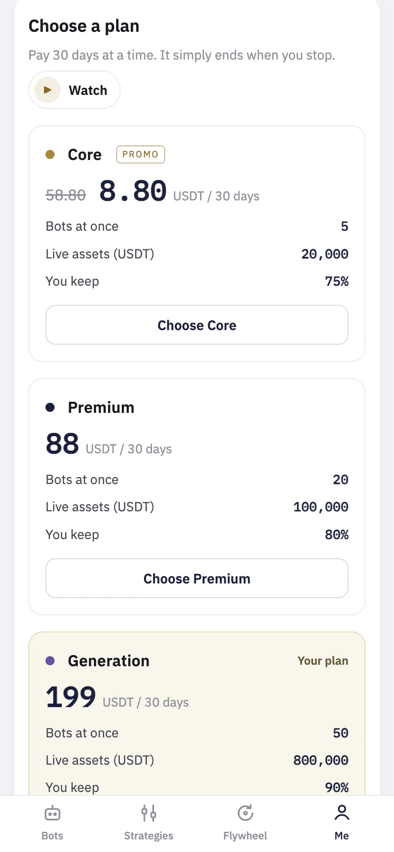 The plan cards: what each keeps for you, its bots, its capital and its price.
