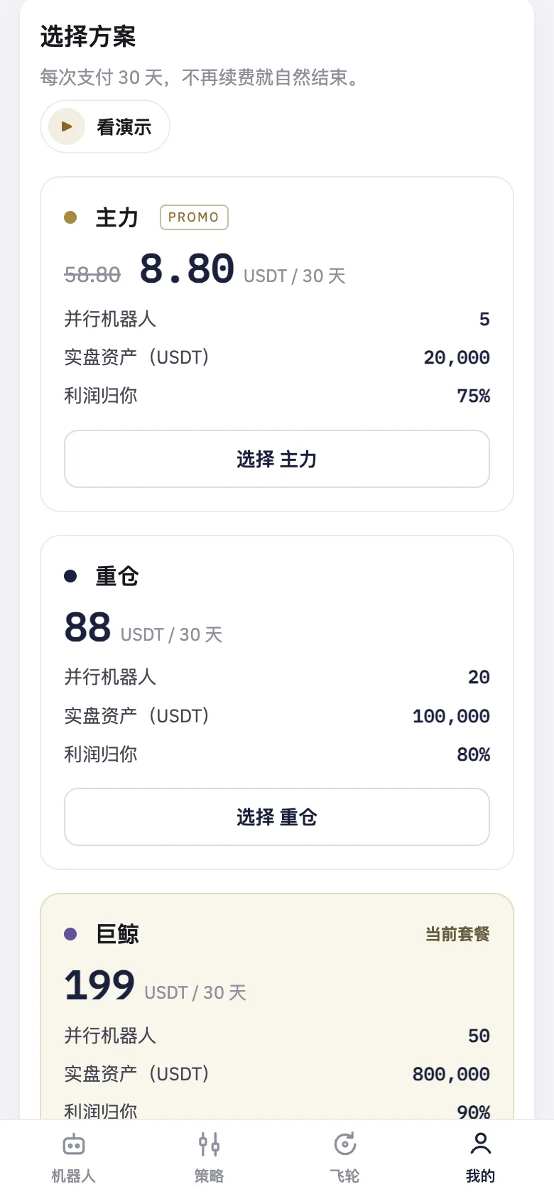 套餐卡片：每档留给你的利润比例、机器人数量、资金额度和价格。
