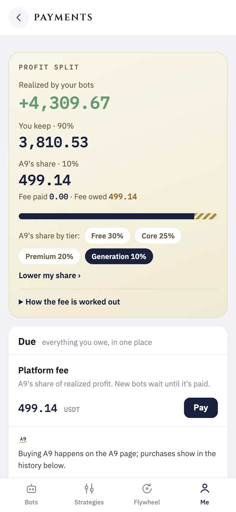The Payments page: what is due, and every payment so far.