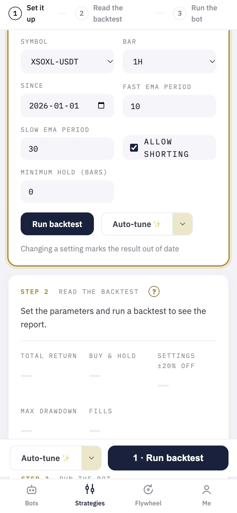 A strategy's page: the symbol, bar and start date, then its own settings.