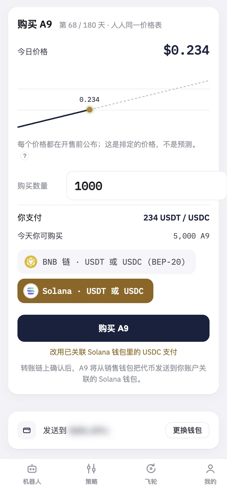 「购买 A9」卡片：今日价格、今天可买多少，以及要付多少。